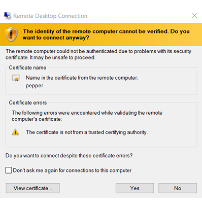 Remote Desktop Connection - certificate prompt
