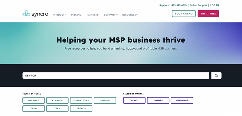 Syncro MSP resources hub screenshot