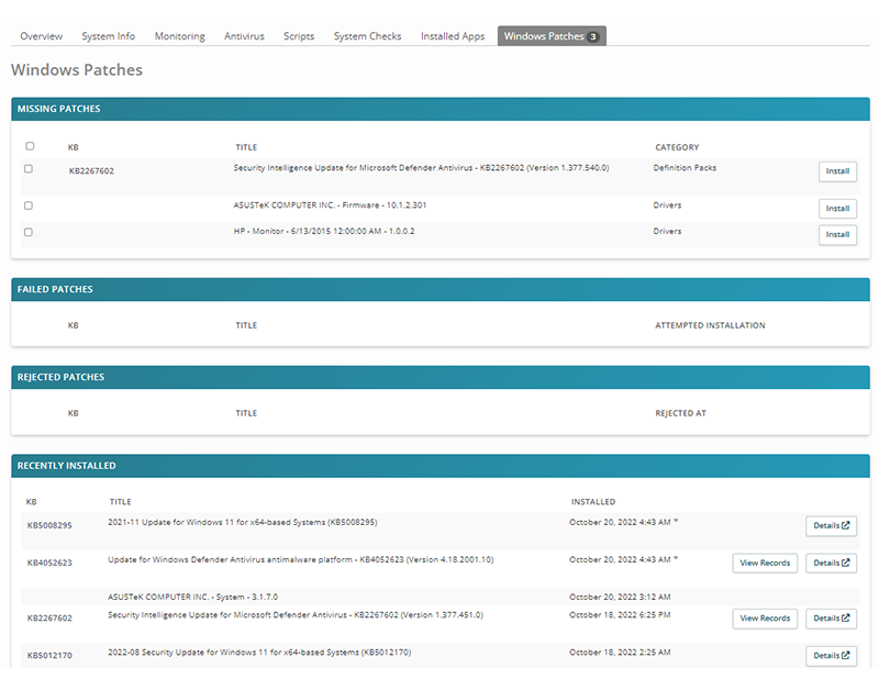 Syncro MSP patch management patch status screen