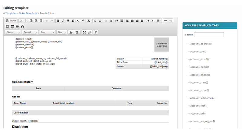 Editing a ticket template in Syncro