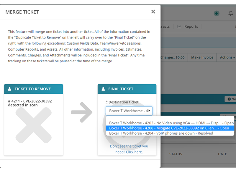 Merging duplicate tickets in Syncro