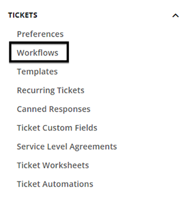 Ticket Workflows menu in Syncro