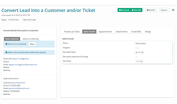 An example of lead management features in Syncro 