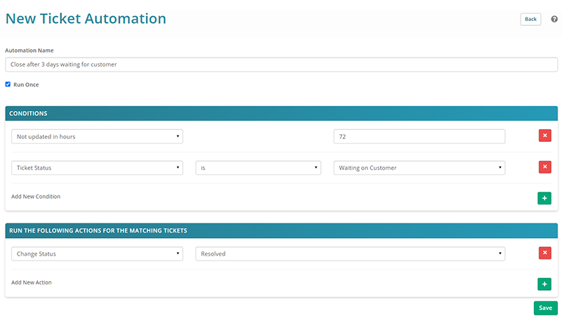 New ticket automation screen in Syncro